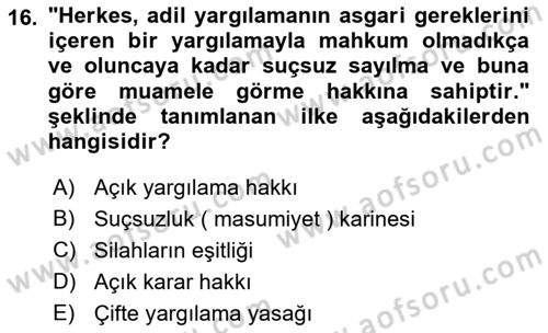 İnsan Hakları ve Kamu Özgürlükleri Dersi 2021 - 2022 Yılı (Final) Dönem Sonu Sınav Soruları 16. Soru