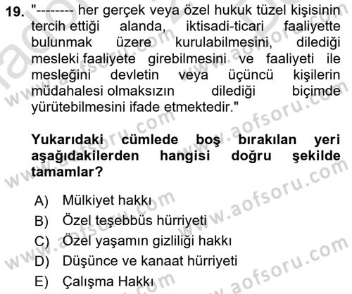 İnsan Hakları ve Kamu Özgürlükleri Dersi 2021 - 2022 Yılı (Final) Dönem Sonu Sınav Soruları 19. Soru