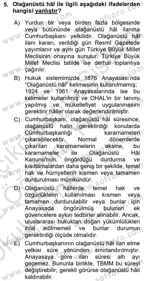 İnsan Hakları ve Kamu Özgürlükleri Dersi 2021 - 2022 Yılı Yaz Okulu Sınav Soruları 5. Soru