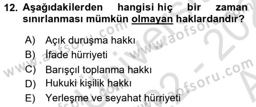 İnsan Hakları ve Kamu Özgürlükleri Dersi 2022 - 2023 Yılı (Vize) Ara Sınav Soruları 12. Soru
