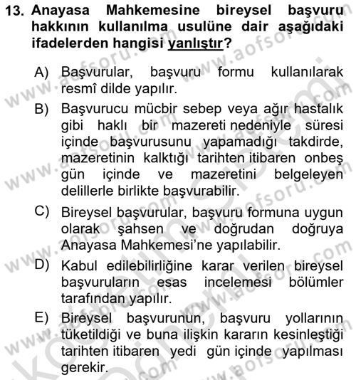 İnsan Hakları ve Kamu Özgürlükleri Dersi 2022 - 2023 Yılı (Final) Dönem Sonu Sınav Soruları 13. Soru