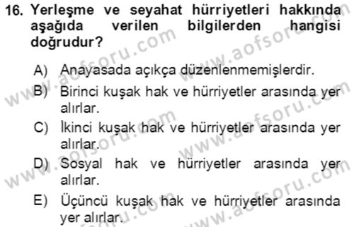 İnsan Hakları ve Kamu Özgürlükleri Dersi 2022 - 2023 Yılı Yaz Okulu Sınav Soruları 16. Soru