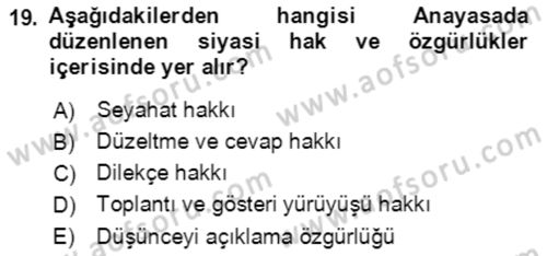 İnsan Hakları ve Kamu Özgürlükleri Dersi 2022 - 2023 Yılı Yaz Okulu Sınav Soruları 19. Soru