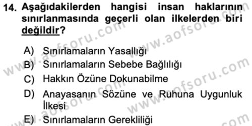 İnsan Hakları ve Kamu Özgürlükleri Dersi 2023 - 2024 Yılı (Vize) Ara Sınav Soruları 14. Soru