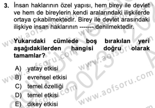 İnsan Hakları ve Kamu Özgürlükleri Dersi 2023 - 2024 Yılı (Vize) Ara Sınav Soruları 3. Soru