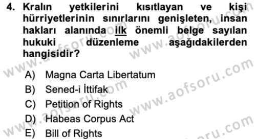 İnsan Hakları ve Kamu Özgürlükleri Dersi 2023 - 2024 Yılı (Vize) Ara Sınav Soruları 4. Soru