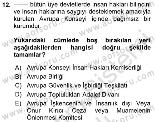 İnsan Hakları ve Kamu Özgürlükleri Dersi 2023 - 2024 Yılı Yaz Okulu Sınav Soruları 12. Soru