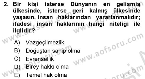 İnsan Hakları ve Kamu Özgürlükleri Dersi 2023 - 2024 Yılı Yaz Okulu Sınav Soruları 2. Soru