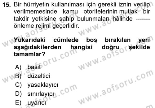 İnsan Hakları ve Kamu Özgürlükleri Dersi 2024 - 2025 Yılı (Vize) Ara Sınav Soruları 15. Soru