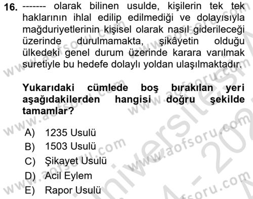 İnsan Hakları ve Kamu Özgürlükleri Dersi 2024 - 2025 Yılı (Vize) Ara Sınav Soruları 16. Soru