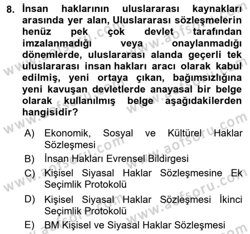 İnsan Hakları ve Kamu Özgürlükleri Dersi 2024 - 2025 Yılı (Vize) Ara Sınav Soruları 8. Soru