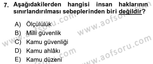 İnsan Hakları ve Kamu Özgürlükleri Dersi 2024 - 2025 Yılı (Final) Dönem Sonu Sınav Soruları 7. Soru