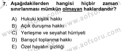İnsan Hakları ve Kamu Özgürlükleri Dersi 2024 - 2025 Yılı Yaz Okulu Sınav Soruları 7. Soru