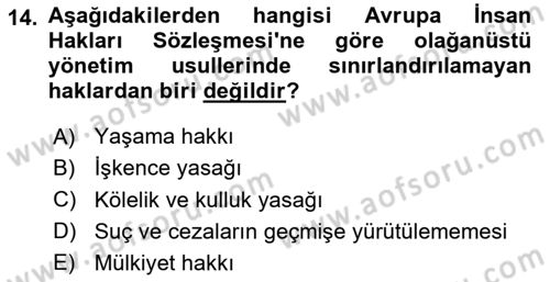İnsan Hakları ve Kamu Özgürlükleri Dersi 2025 - 2026 Yılı (Vize) Ara Sınav Soruları 14. Soru