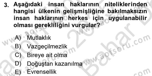 İnsan Hakları ve Kamu Özgürlükleri Dersi 2025 - 2026 Yılı (Vize) Ara Sınavı 3. Soru