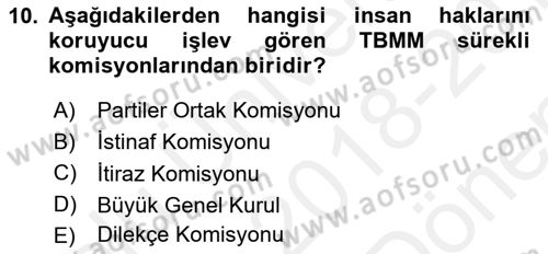 Temel İnsan Hakları Bilgisi 1 Dersi 2018 - 2019 Yılı (Final) Dönem Sonu Sınavı 10. Soru