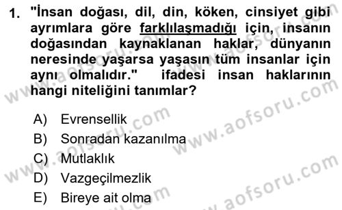 Temel İnsan Hakları Bilgisi 1 Dersi 2022 - 2023 Yılı (Vize) Ara Sınavı 1. Soru