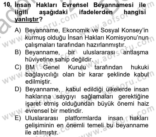 Temel İnsan Hakları Bilgisi 2 Dersi 2012 - 2013 Yılı (Final) Dönem Sonu Sınav Soruları 10. Soru