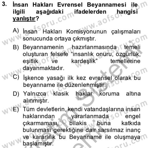 Temel İnsan Hakları Bilgisi 2 Dersi 2013 - 2014 Yılı (Vize) Ara Sınavı 3. Soru