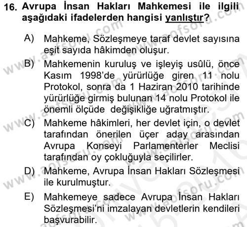 Temel İnsan Hakları Bilgisi 2 Dersi 2015 - 2016 Yılı (Vize) Ara Sınav Soruları 16. Soru