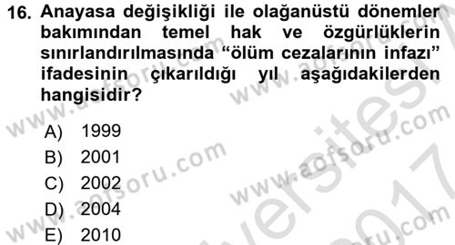 Temel İnsan Hakları Bilgisi 2 Dersi 2016 - 2017 Yılı (Final) Dönem Sonu Sınavı 16. Soru