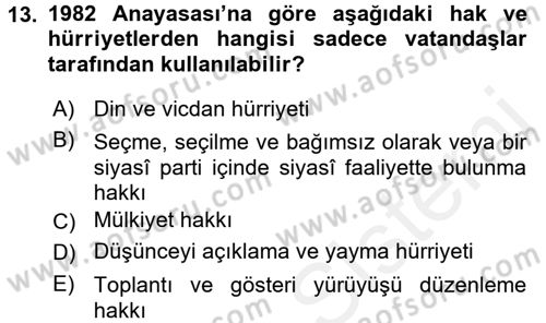 Temel İnsan Hakları Bilgisi 2 Dersi 2017 - 2018 Yılı 3 Ders Sınavı 13. Soru