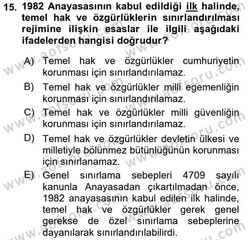 Temel İnsan Hakları Bilgisi 2 Dersi 2017 - 2018 Yılı 3 Ders Sınavı 15. Soru