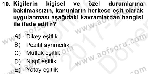 Temel İnsan Hakları Bilgisi 2 Dersi 2017 - 2018 Yılı (Final) Dönem Sonu Sınav Soruları 10. Soru