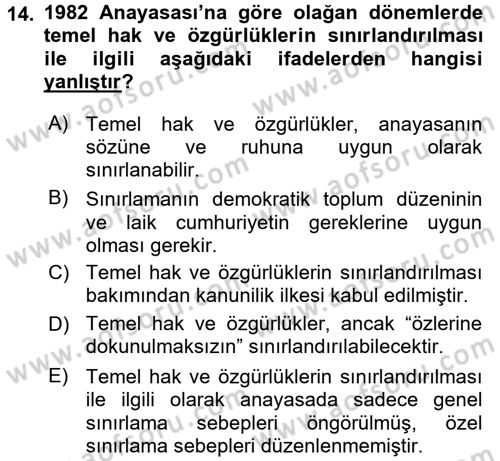 Temel İnsan Hakları Bilgisi 2 Dersi 2017 - 2018 Yılı (Final) Dönem Sonu Sınav Soruları 14. Soru