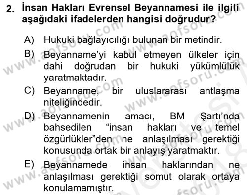 Temel İnsan Hakları Bilgisi 2 Dersi 2017 - 2018 Yılı (Final) Dönem Sonu Sınav Soruları 2. Soru