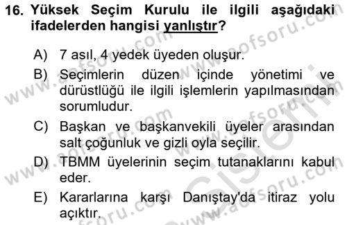 Anayasa Hukukuna Giriş Dersi 2020 - 2021 Yılı Yaz Okulu Sınavı 16. Soru