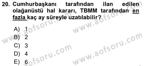 Anayasa Hukukuna Giriş Dersi 2020 - 2021 Yılı Yaz Okulu Sınavı 20. Soru