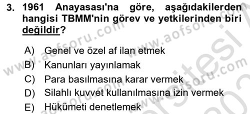 Anayasa Hukukuna Giriş Dersi 2020 - 2021 Yılı Yaz Okulu Sınavı 3. Soru