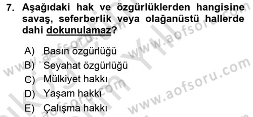 Anayasa Hukukuna Giriş Dersi 2020 - 2021 Yılı Yaz Okulu Sınavı 7. Soru