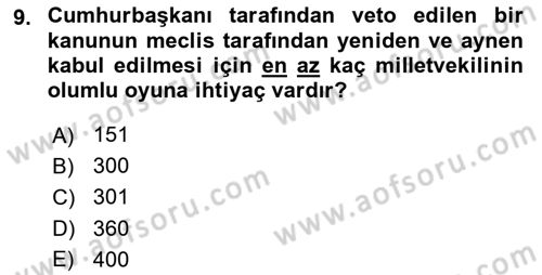 Anayasa Hukukuna Giriş Dersi 2020 - 2021 Yılı Yaz Okulu Sınavı 9. Soru