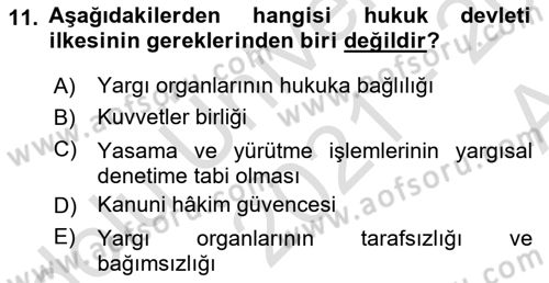 Anayasa Hukukuna Giriş Dersi 2021 - 2022 Yılı (Vize) Ara Sınavı 11. Soru