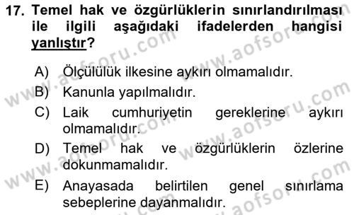 Anayasa Hukukuna Giriş Dersi 2021 - 2022 Yılı (Vize) Ara Sınavı 17. Soru