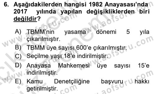 Anayasa Hukukuna Giriş Dersi 2021 - 2022 Yılı (Vize) Ara Sınavı 6. Soru