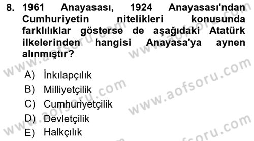 Anayasa Hukukuna Giriş Dersi 2021 - 2022 Yılı (Vize) Ara Sınavı 8. Soru