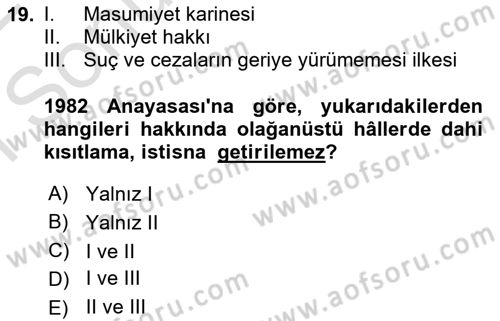 Anayasa Hukukuna Giriş Dersi 2021 - 2022 Yılı (Final) Dönem Sonu Sınavı 19. Soru