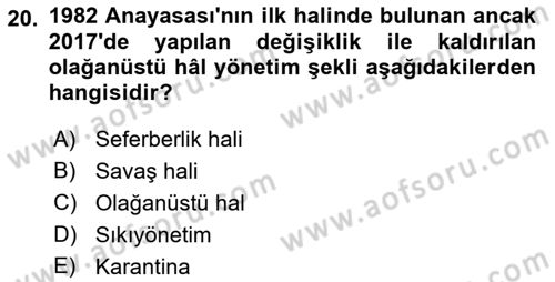 Anayasa Hukukuna Giriş Dersi 2021 - 2022 Yılı (Final) Dönem Sonu Sınavı 20. Soru