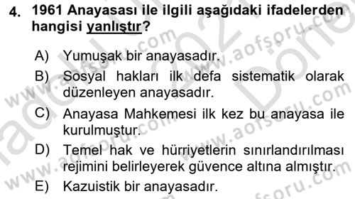 Anayasa Hukukuna Giriş Dersi 2021 - 2022 Yılı (Final) Dönem Sonu Sınavı 4. Soru