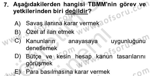 Anayasa Hukukuna Giriş Dersi 2021 - 2022 Yılı (Final) Dönem Sonu Sınavı 7. Soru