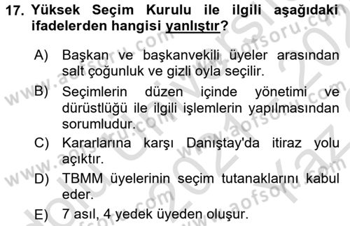 Anayasa Hukukuna Giriş Dersi 2021 - 2022 Yılı Yaz Okulu Sınavı 17. Soru