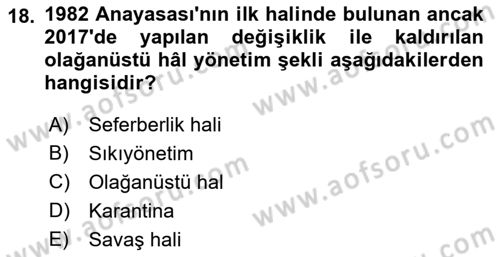 Anayasa Hukukuna Giriş Dersi 2021 - 2022 Yılı Yaz Okulu Sınavı 18. Soru