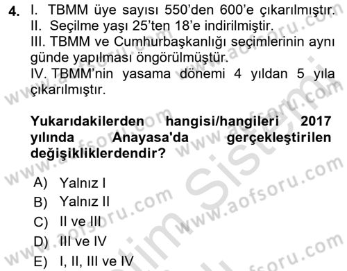 Anayasa Hukukuna Giriş Dersi 2021 - 2022 Yılı Yaz Okulu Sınavı 4. Soru