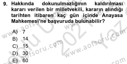 Anayasa Hukukuna Giriş Dersi 2021 - 2022 Yılı Yaz Okulu Sınavı 9. Soru