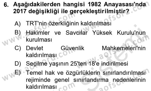 Anayasa Hukukuna Giriş Dersi 2022 - 2023 Yılı (Vize) Ara Sınavı 6. Soru