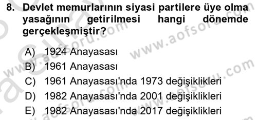 Anayasa Hukukuna Giriş Dersi 2022 - 2023 Yılı (Vize) Ara Sınavı 8. Soru