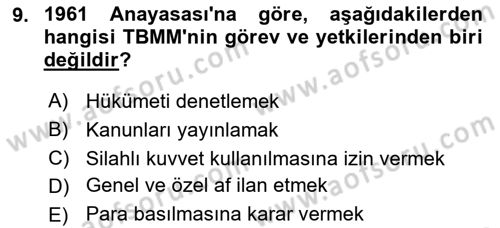 Anayasa Hukukuna Giriş Dersi 2022 - 2023 Yılı (Vize) Ara Sınavı 9. Soru